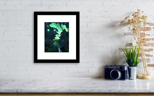 framed print of aurora borealis print hanged on wall in small size