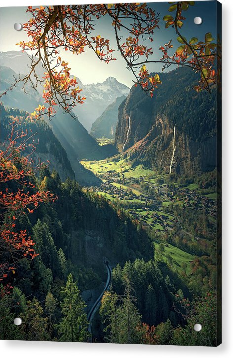 Lauterbrunnen Autumn acrylic print max rive with aluminum mounting posts