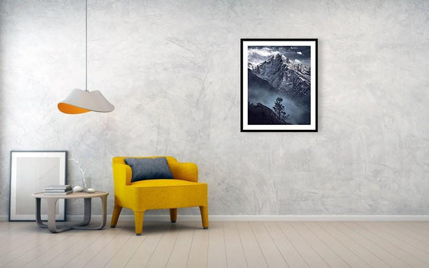 Black and White mountain framed print of the himalayas of nepal hanged on wall