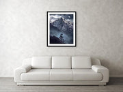 Black and White mountain framed print of the himalayas of nepal hanged in living room
