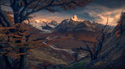 cerro torre and fitz roy at sunrise in autumn with trees - preview print