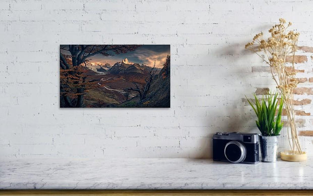 cerro torre and fitz roy at sunrise in autumn with trees - print hanged on wall - small