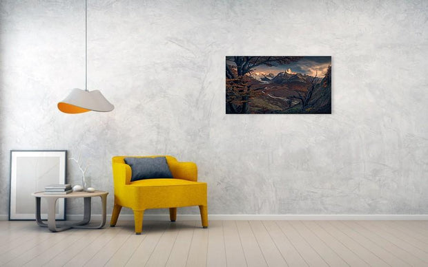 cerro torre and fitz roy at sunrise in autumn with trees - print hanged in living room