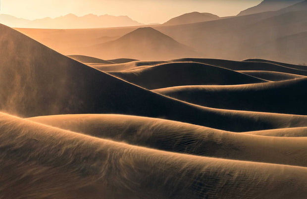 death valley storm print - sand blows over dunes at sunrise