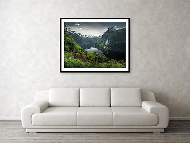 Geirangerfjord framed Print by max Rive hanged on wall in living room
