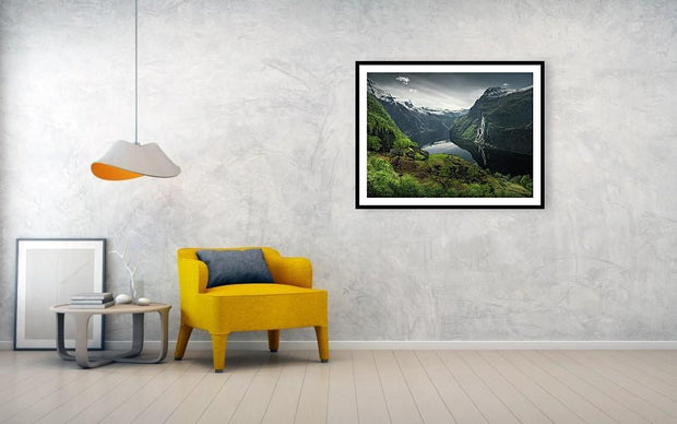 Geirangerfjord framed Print by max Rive hanged on wall
