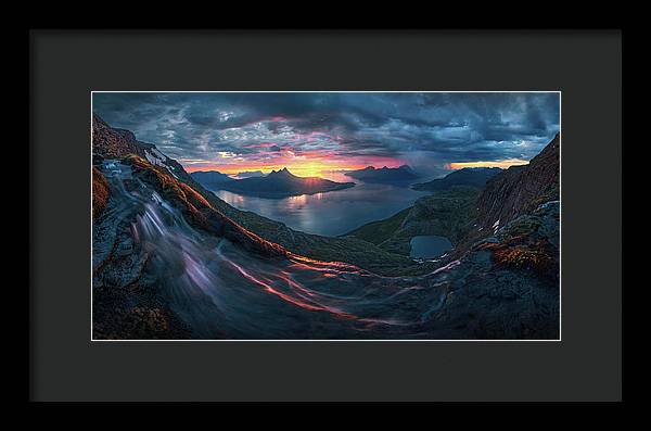 Framed Print by Max Rive of Midnight Sun Norway fjord panorama with stormy weather - black frame, black mat - small size