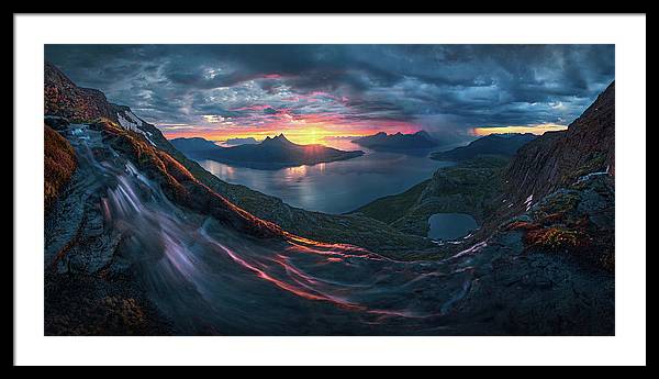 Framed Print by Max Rive of Midnight Sun Norway fjord panorama with stormy weather - black frame, white mat - extra large size