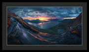 Framed Print by Max Rive of Midnight Sun Norway fjord panorama with stormy weather - black frame, black mat - large size