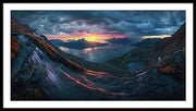 Framed Print by Max Rive of Midnight Sun Norway fjord panorama with stormy weather - black frame, white mat - largest size