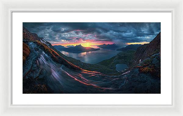 Framed Print by Max Rive of Midnight Sun Norway fjord panorama with stormy weather - white frame, white mat - medium large size