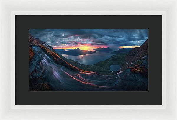 Framed Print by Max Rive of Midnight Sun Norway fjord panorama with stormy weather - white frame, black mat - small medium size