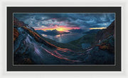 Framed Print by Max Rive of Midnight Sun Norway fjord panorama with stormy weather - white frame, black mat - large size