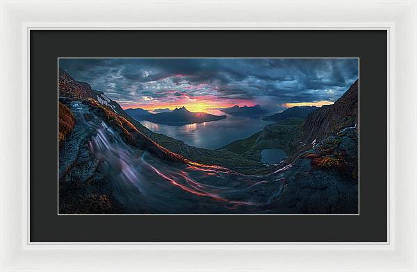 Framed Print by Max Rive of Midnight Sun Norway fjord panorama with stormy weather - white frame, black mat - medium size