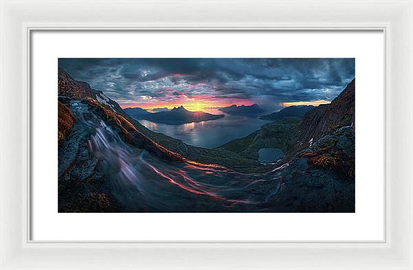 Framed Print by Max Rive of Midnight Sun Norway fjord panorama with stormy weather - white frame, white mat - medium size