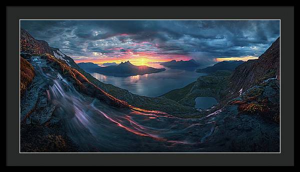 Framed Print by Max Rive of Midnight Sun Norway fjord panorama with stormy weather - black frame, black mat - largest size