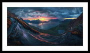 Framed Print by Max Rive of Midnight Sun Norway fjord panorama with stormy weather - black frame, white mat - large size