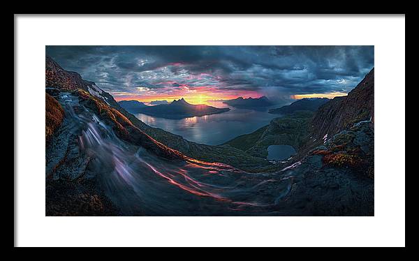 Framed Print by Max Rive of Midnight Sun Norway fjord panorama with stormy weather - black frame, white mat - medium size