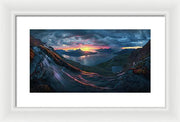 Framed Print by Max Rive of Midnight Sun Norway fjord panorama with stormy weather - white frame, white mat - small medium size