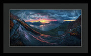 Framed Print by Max Rive of Midnight Sun Norway fjord panorama with stormy weather - black frame, black mat - medium size