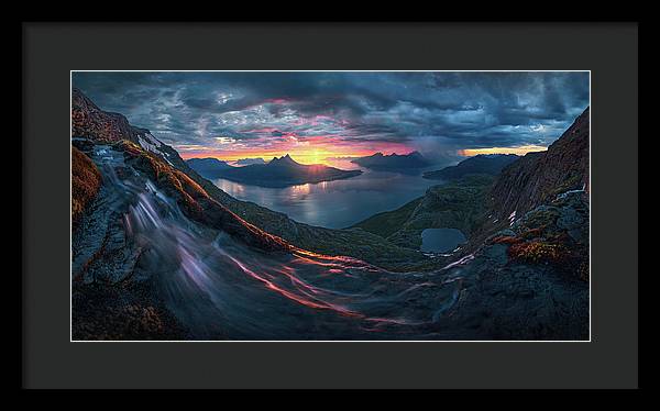 Framed Print by Max Rive of Midnight Sun Norway fjord panorama with stormy weather - black frame, black mat - medium size