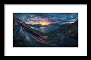 Framed Print by Max Rive of Midnight Sun Norway fjord panorama with stormy weather - black frame, white mat - small size