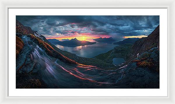 Framed Print by Max Rive of Midnight Sun Norway fjord panorama with stormy weather - white frame, white mat - extra large size