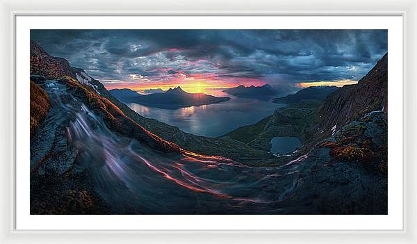 Framed Print by Max Rive of Midnight Sun Norway fjord panorama with stormy weather - white frame, white mat - largest size