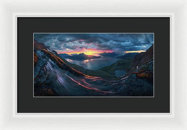 Framed Print by Max Rive of Midnight Sun Norway fjord panorama with stormy weather - white frame, black mat - small size