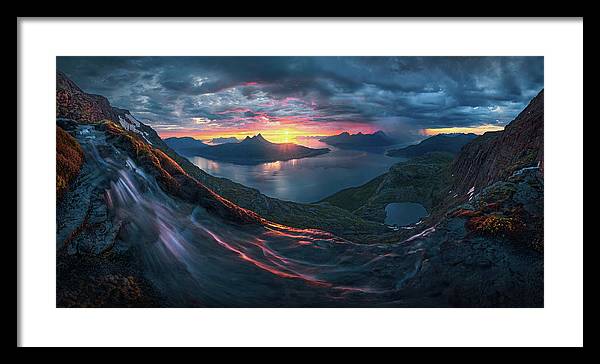 Framed Print by Max Rive of Midnight Sun Norway fjord panorama with stormy weather - black frame, white mat - medium plus size