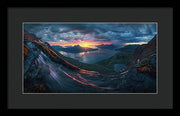 Framed Print by Max Rive of Midnight Sun Norway fjord panorama with stormy weather - black frame, black mat - small medium size