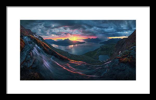 Framed Print by Max Rive of Midnight Sun Norway fjord panorama with stormy weather - black frame, white mat - small medium size