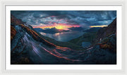 Framed Print by Max Rive of Midnight Sun Norway fjord panorama with stormy weather - white frame, white mat - second largest size