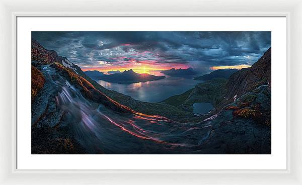 Framed Print by Max Rive of Midnight Sun Norway fjord panorama with stormy weather - white frame, white mat - large size