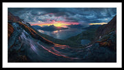 Framed Print by Max Rive of Midnight Sun Norway fjord panorama with stormy weather - black frame, white mat - extra extra large size