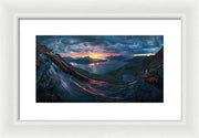 Framed Print by Max Rive of Midnight Sun Norway fjord panorama with stormy weather - white frame, white mat - small size