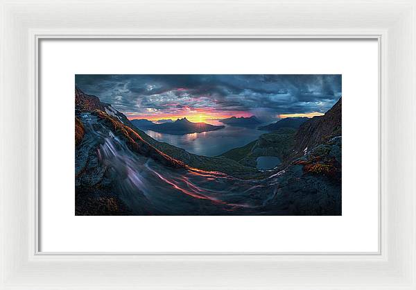 Framed Print by Max Rive of Midnight Sun Norway fjord panorama with stormy weather - white frame, white mat - small size