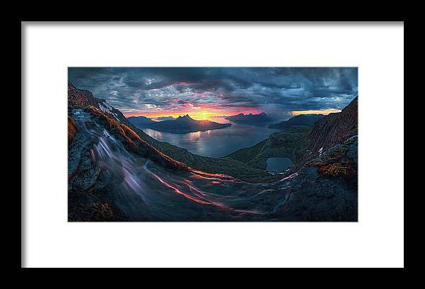 Framed Print by Max Rive of Midnight Sun Norway fjord panorama with stormy weather - black frame, white mat - smallest size