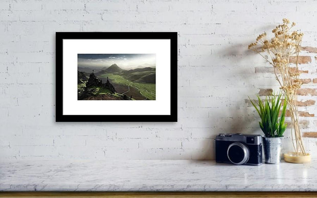 green hills framed print hanged on wall in small size