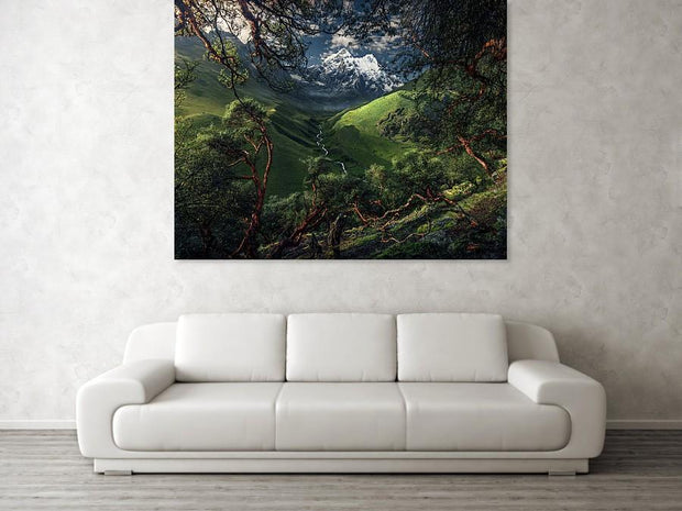 Canvas print of green mountain in peru hanged on the wall in a living room
