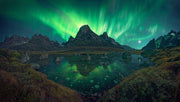 Greenland Northern Lights landscape with mountain and frozen lake