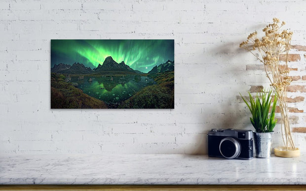 Greenland Northern Lights landscape with mountain and frozen lake - hanged on wall as print - small size