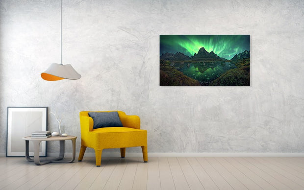 Greenland Northern Lights landscape with mountain and frozen lake - hanged on wall as print - large size