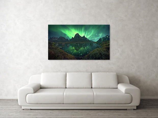 Greenland Northern Lights landscape with mountain and frozen lake - hanged on wall as print in living room