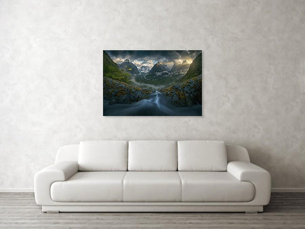 mockup with living room and milford sound print hanged on the wall