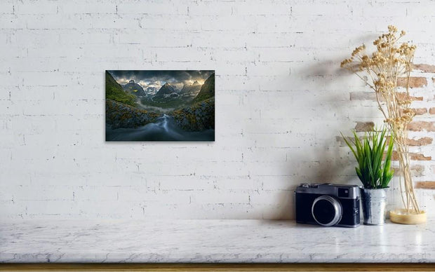 mockup with small size milford sound print hanged on the wall