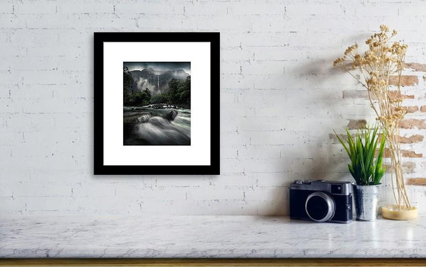 milford sound waterfall framed print hanged on wall in small size