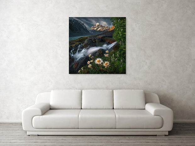 Mount Cook Print hanged on wall displaying flowers and a waterfall in summer