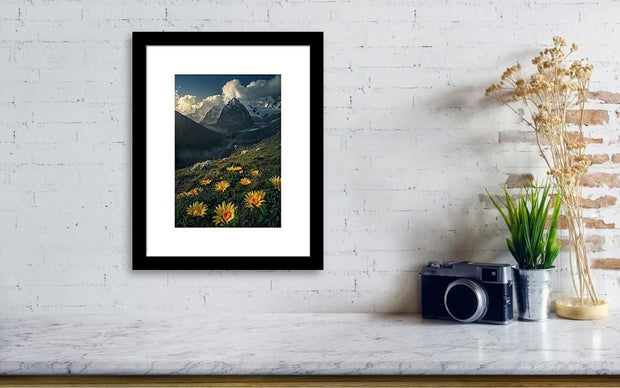 Small Framed print hanged in living room of yellow Mountain flowers in peru by Max Rive