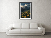 Framed print hanged on wall of yellow Mountain flowers in peru by Max Rive